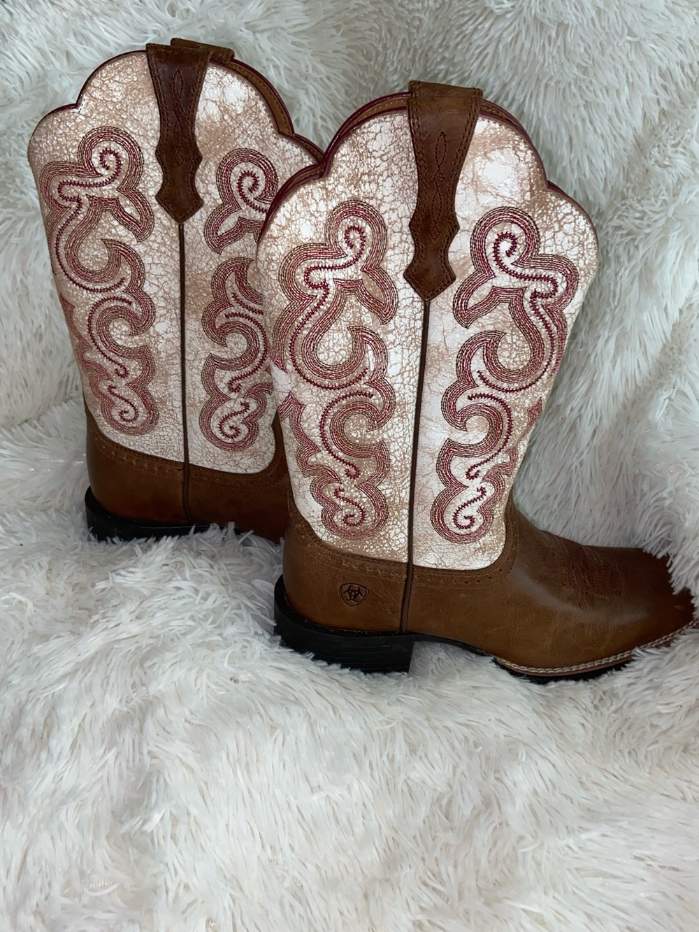 Ariat Brown Leather Western Boots with Cream & Pink Embroidered Shaft
